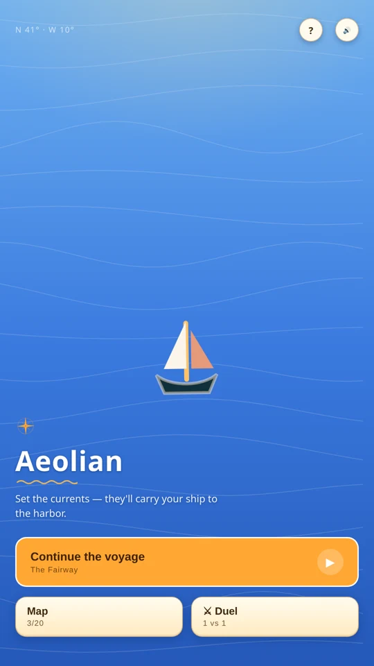 Aeolian main menu — a sailboat moored in a calm harbor